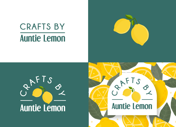 Logos and branding designs for "Crafts by Auntie Lemon," featuring lemon illustrations and diverse layouts emphasizing brand identity and creativity.