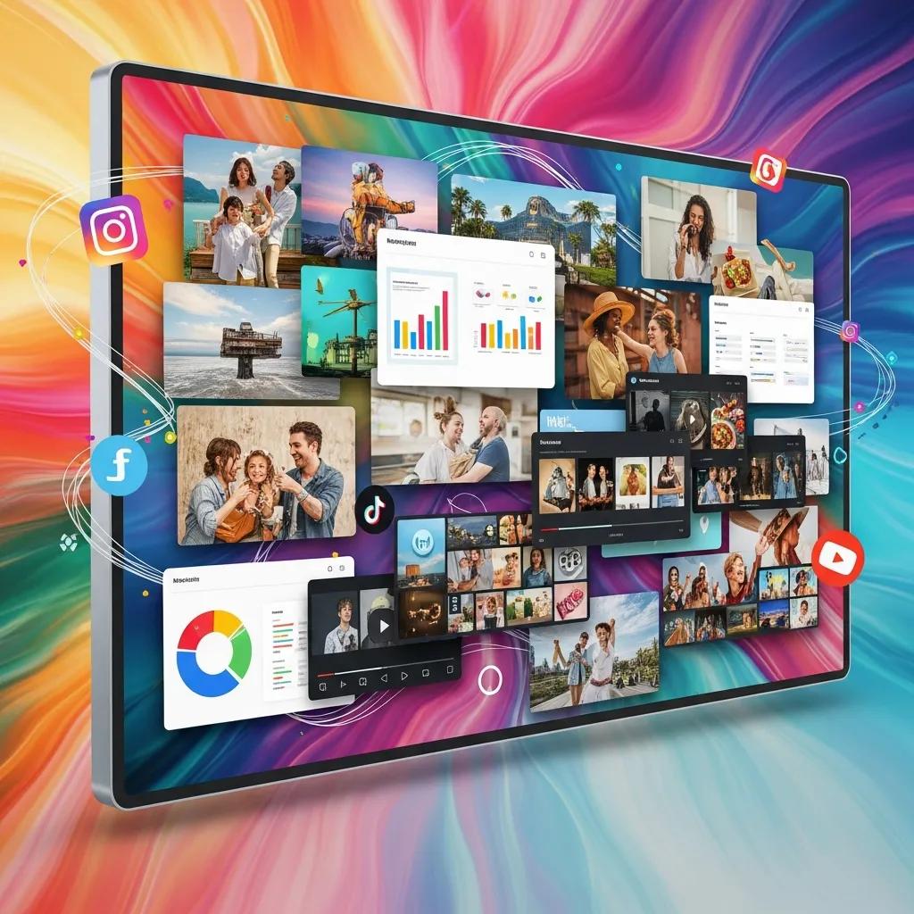 Collage of visual storytelling techniques including images and infographics on a digital screen