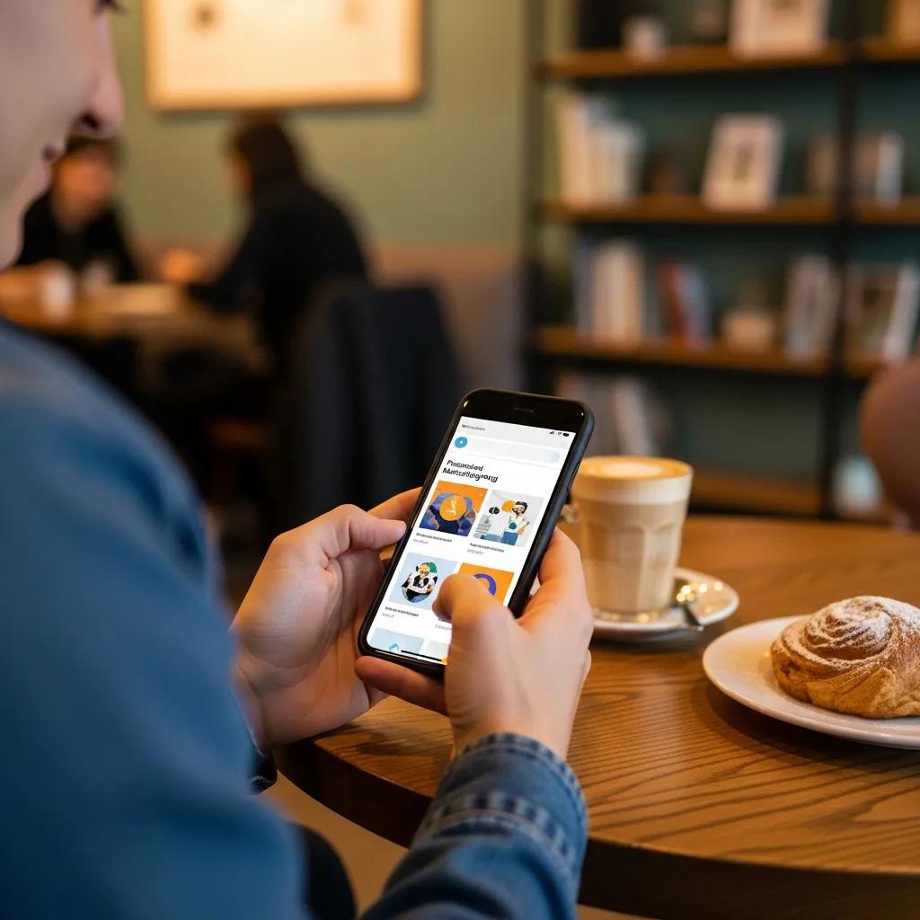 Customer enjoying personalized marketing experience on a mobile device in a café