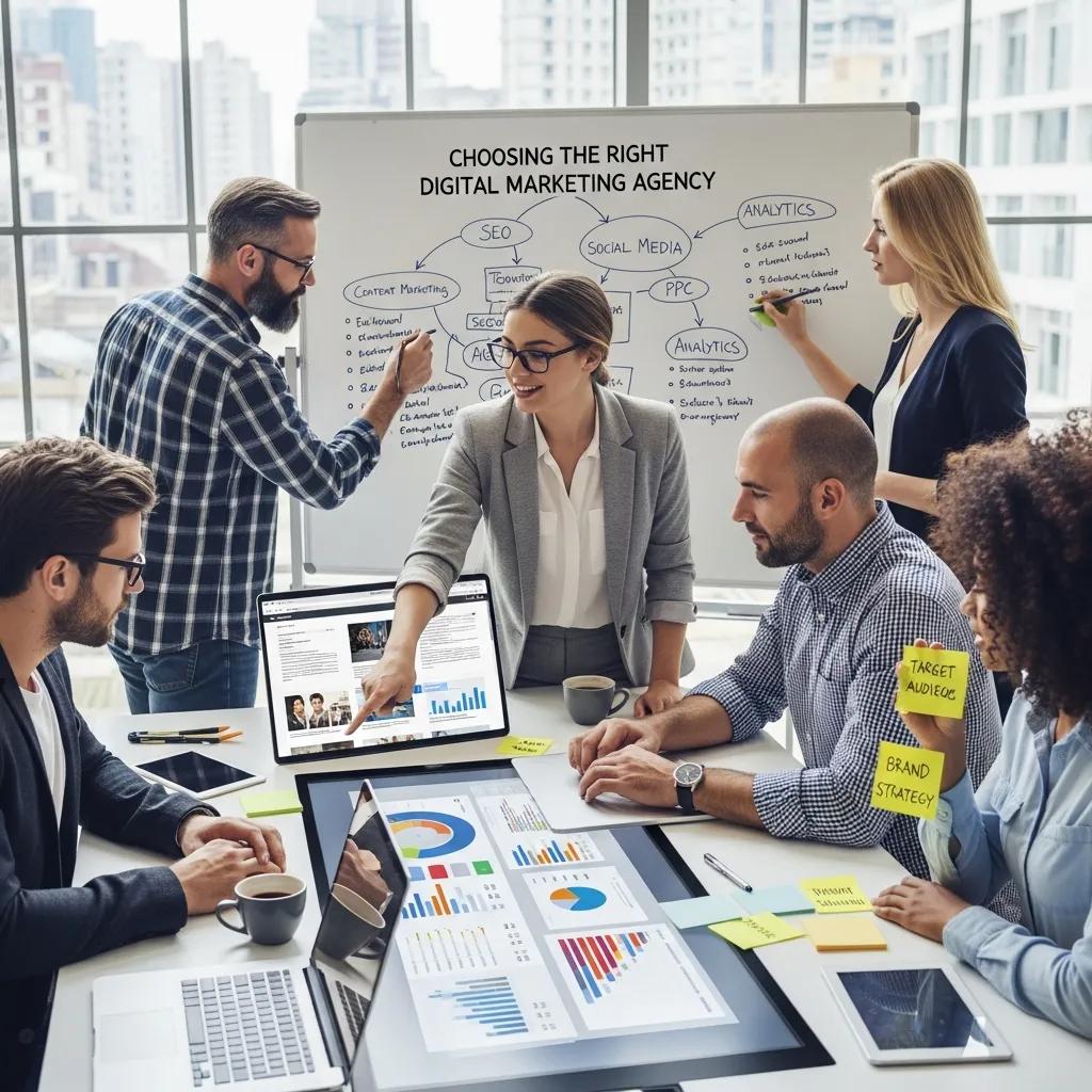 Diverse professionals collaborating in a modern office, discussing strategies for choosing the right digital marketing agency, with charts and notes on a table.