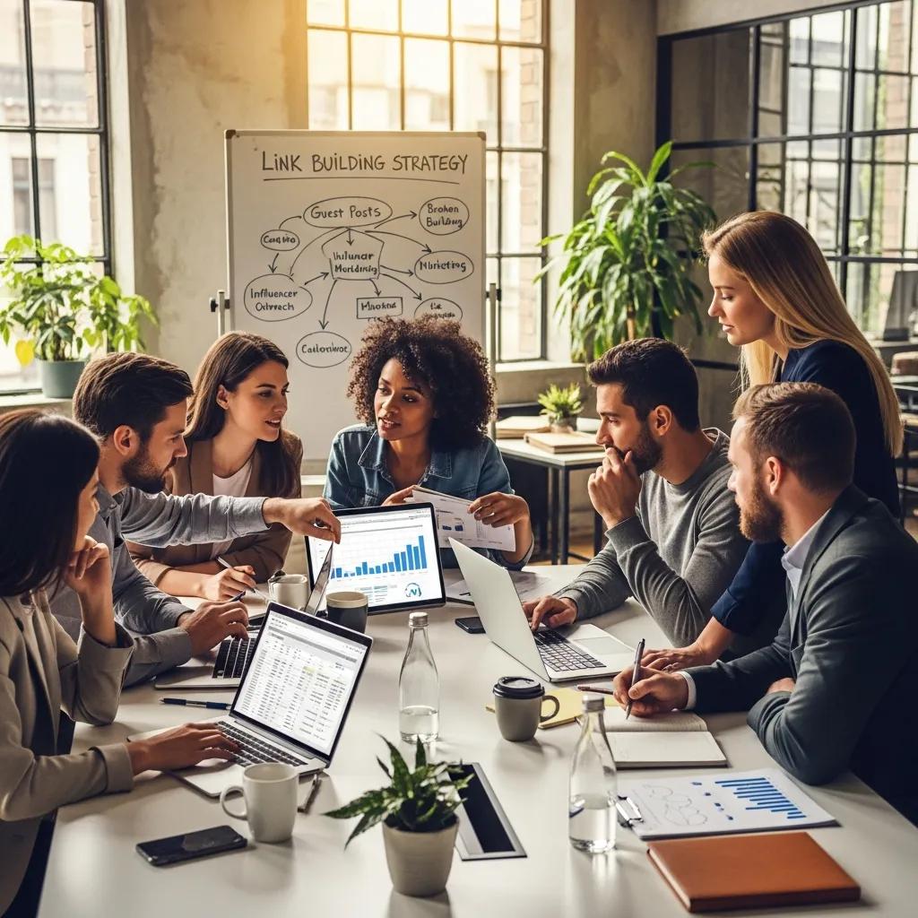 Diverse professionals collaborating on link-building strategies in a modern workspace