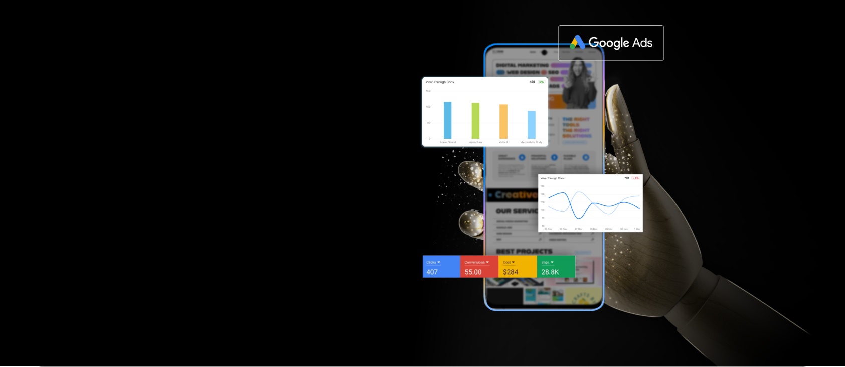 Gráfico de rendimiento de anuncios de Google en un dispositivo móvil mostrando métricas como clics, conversiones y costos, con un fondo oscuro y un diseño moderno.