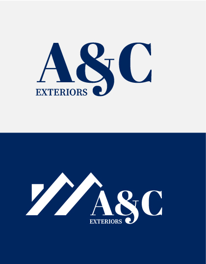 Logotipo de A&C Exteriors, con diseño moderno en dos versiones: una en tonos claros y otra en azul oscuro, destacando la tipografía estilizada y elementos gráficos que sugieren construcción y diseño exterior.