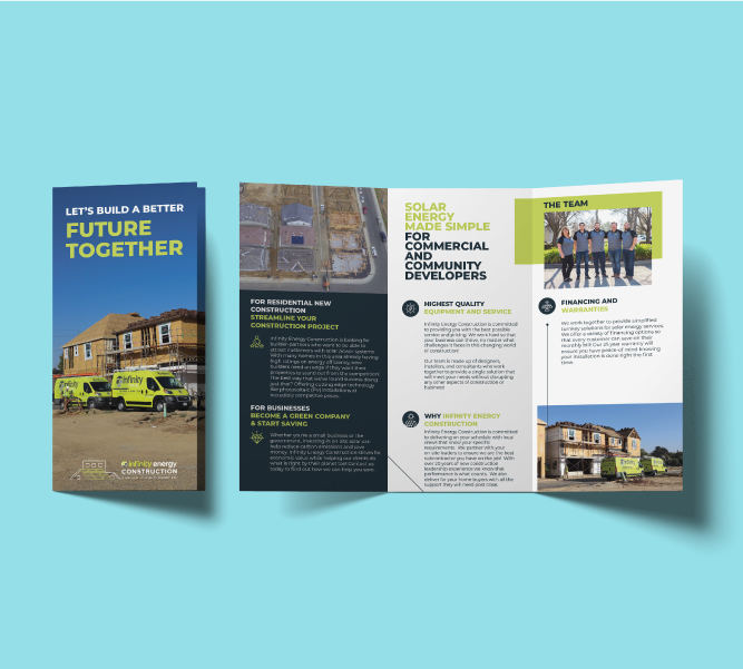 Folleto de Infinity Energy Construction destacando servicios de energía solar, con imágenes de proyectos de construcción y un equipo profesional.
