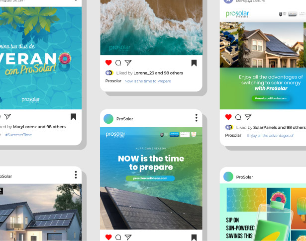 Collage of ProSolar social media posts promoting solar energy solutions, featuring vibrant graphics and messages about summer, hurricane preparation, and the benefits of switching to solar energy.