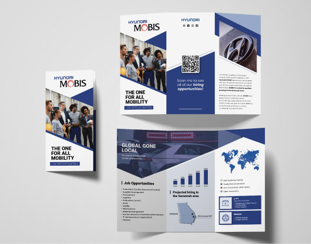 Folleto de Hyundai Mobis destacando oportunidades laborales en movilidad, con imágenes de personas colaborando y gráficos sobre el crecimiento local en Savannah, Georgia.