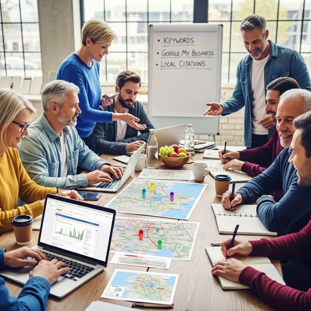 Local business owners collaborating on SEO strategies in a workshop setting