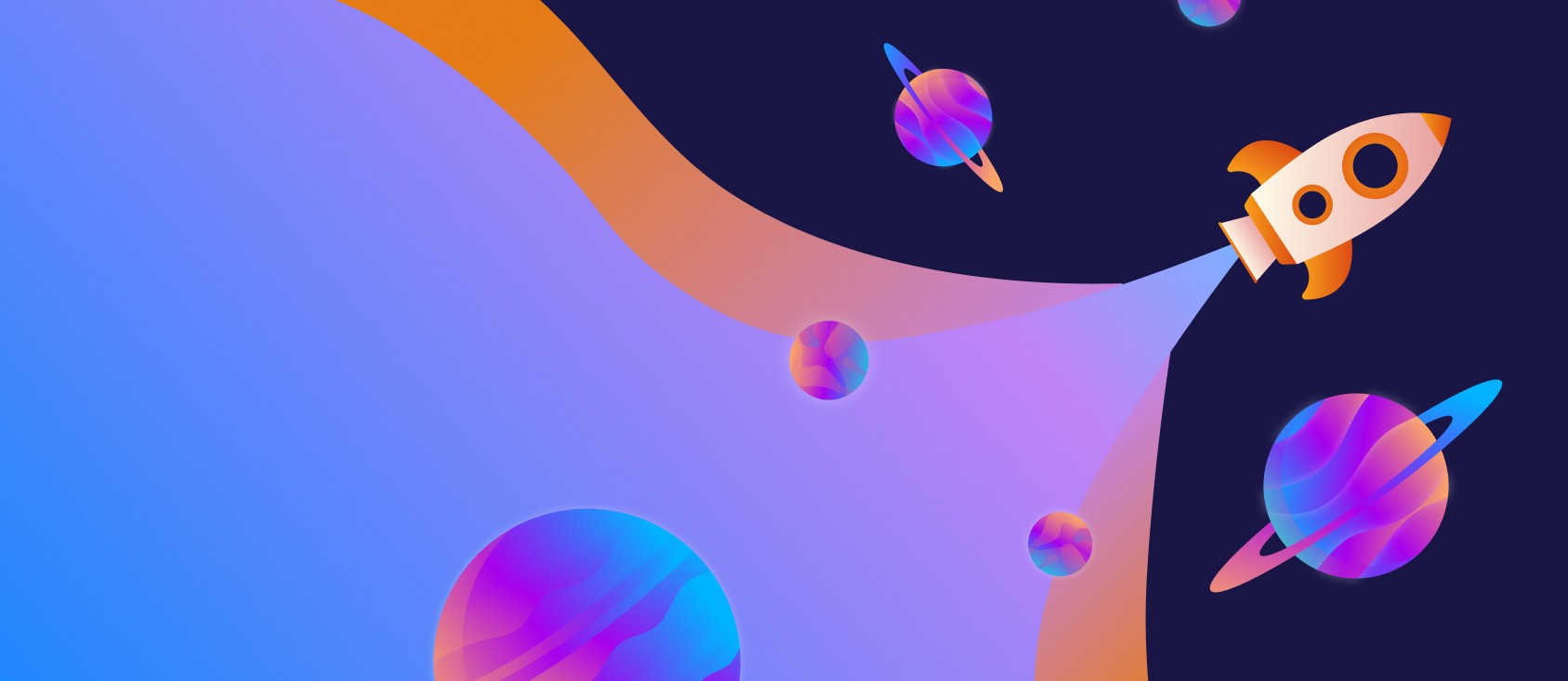 Cohete espacial lanzándose entre planetas coloridos en un fondo degradado, representando servicios de diseño gráfico y marketing digital.
