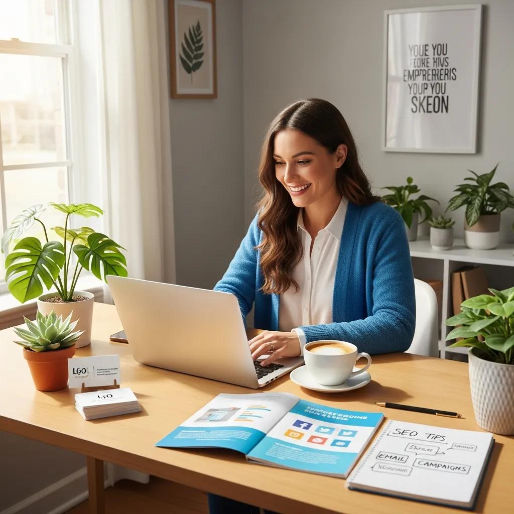 Small business owner working on digital marketing strategies at a cozy workspace, featuring a laptop, marketing materials, and plants, illustrating effective online engagement and growth strategies.