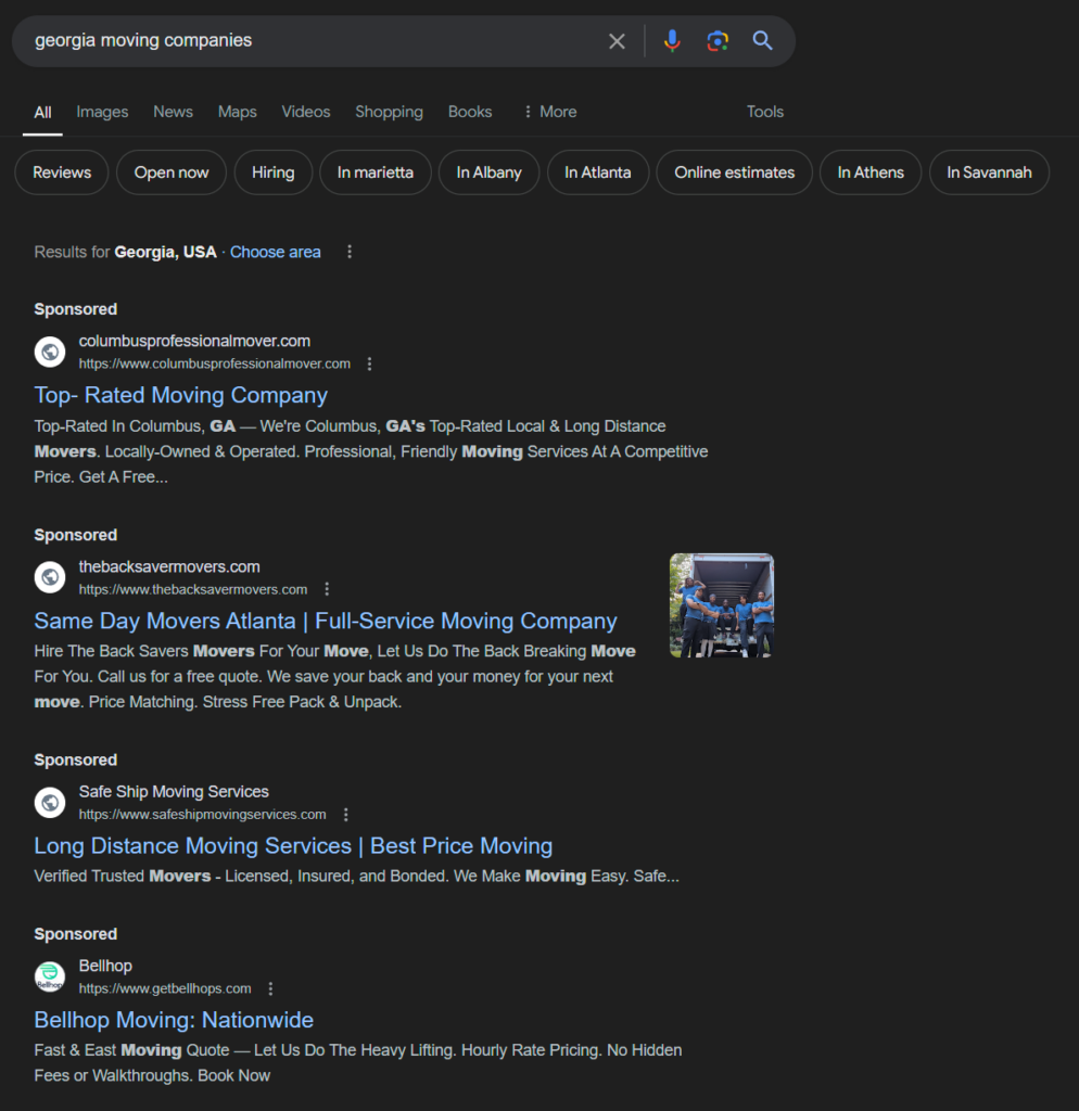 Georgia moving companies ads example