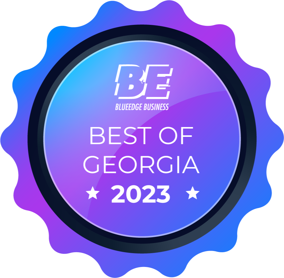 Sello de reconocimiento "Best of Georgia 2023" de Blue Edge Business Solutions con fondo degradado en tonos azul y morado.