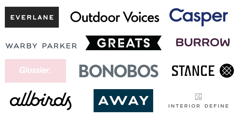 Logos of prominent DTC brands including Everlane, Outdoor Voices, Casper, Warby Parker, Glossier, Bonobos, Allbirds, and Away, representing the rise of direct-to-consumer marketing strategies.
