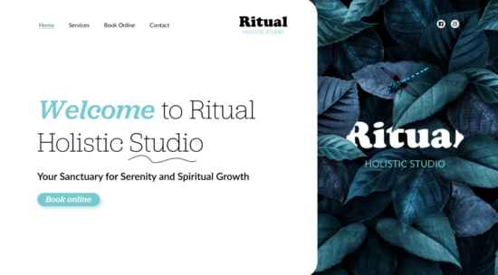 Welcome to Ritual Holistic Studio website featuring calming foliage background and inviting text, promoting serenity and spiritual growth.
