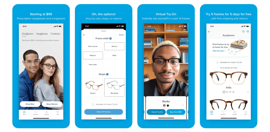 Screenshots of Warby Parker's app showcasing personalized eyewear options, virtual try-on features, and Home Try-On program for a cohesive customer experience.