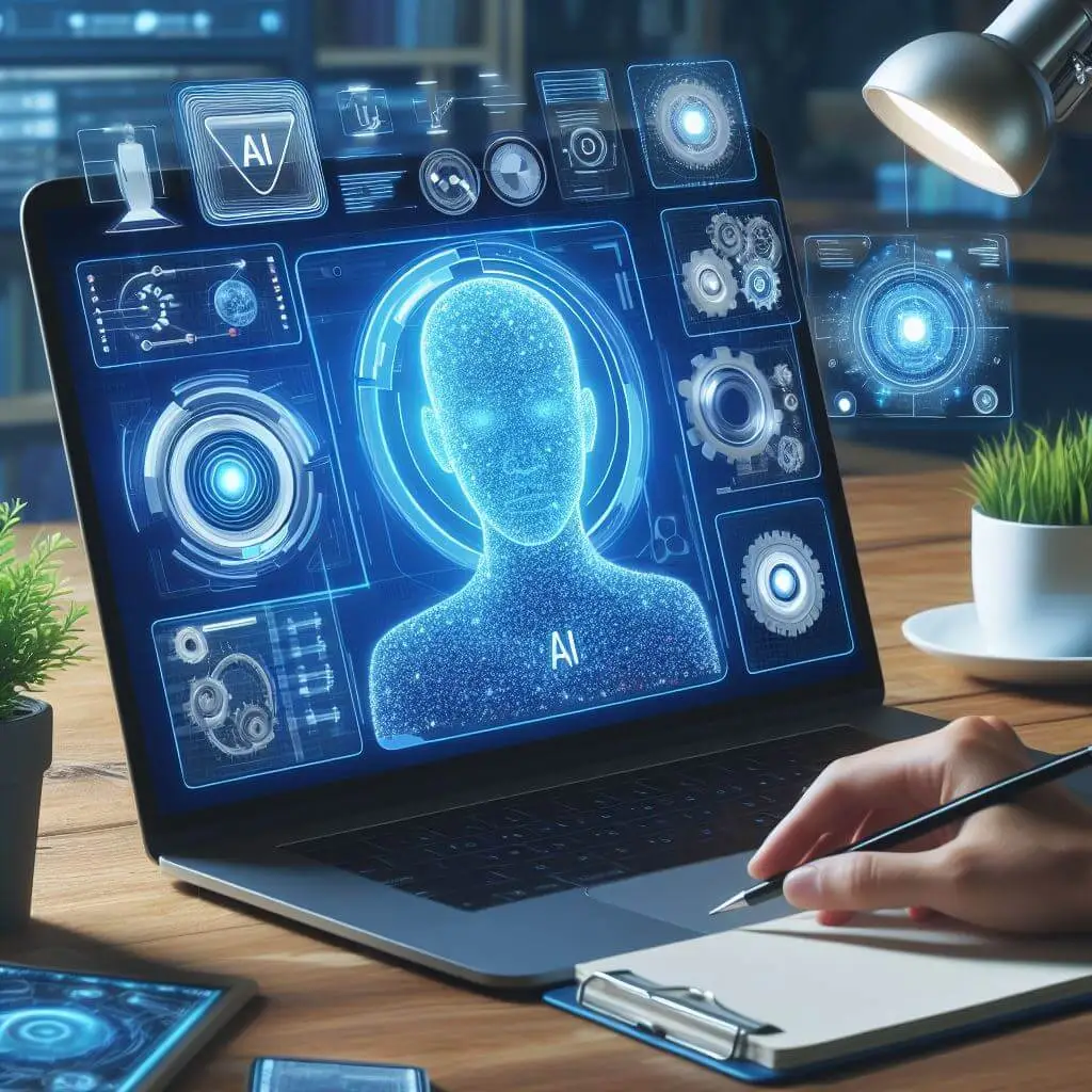 An illustration of a laptop screen displaying a futuristic AI interface with a stylized human head silhouette in the center, surrounded by various icons and graphics related to voice recognition and artificial intelligence. A hand is visible, interacting with the touchpad of the laptop