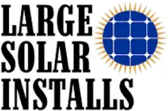 Large Solar Installs logo featuring a blue solar panel design and sun rays, representing renewable energy solutions for businesses.
