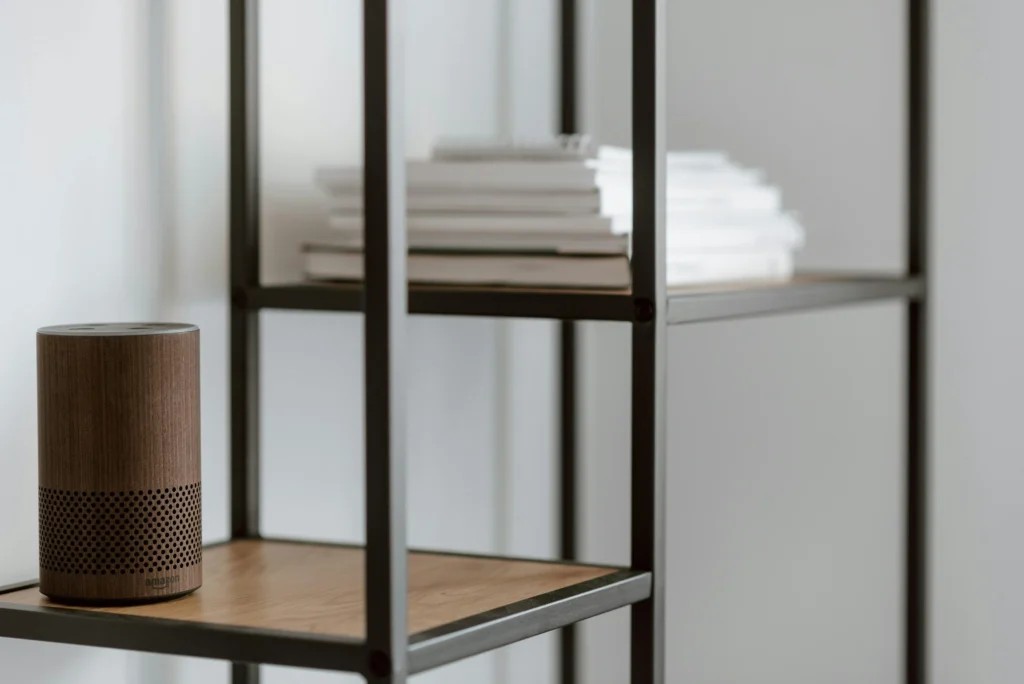 A smart speaker sits on a wooden shelf, presumably used for voice search, with blurred bookshelves in the background.